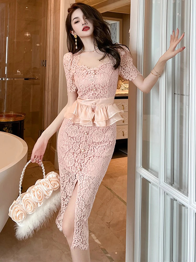 New Summer Elegant Women Evening Dress Chic Lace Pink Sheer Sexy Low Cut Ruffle Slim Midi Pencil Party Prom Femme Mujer Vestidos