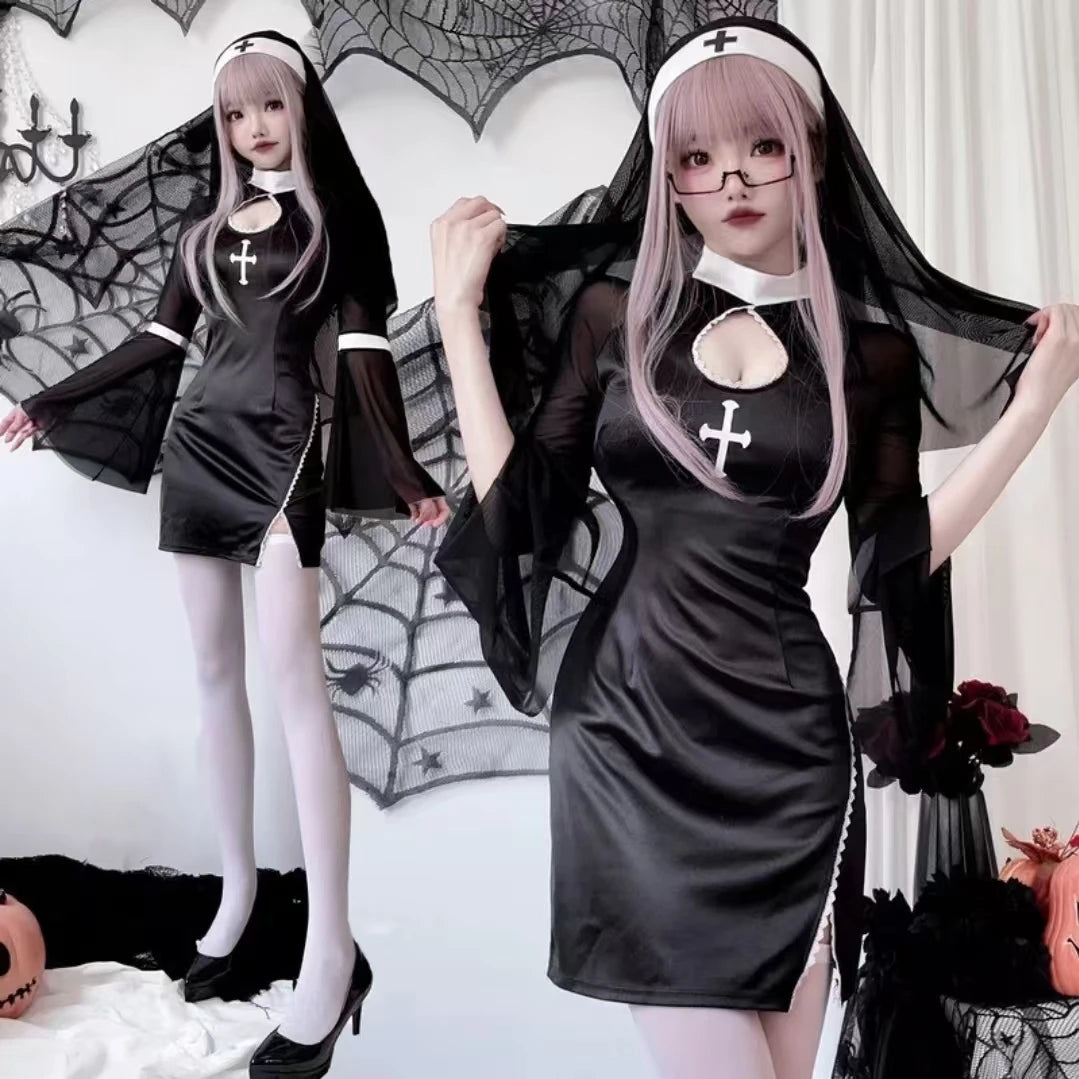 2026 Halloween Costumes For Women Nun Cosplay Dress Gothic Sexy Tempting Uniform Party Performance Clothing Horror Movie Prop