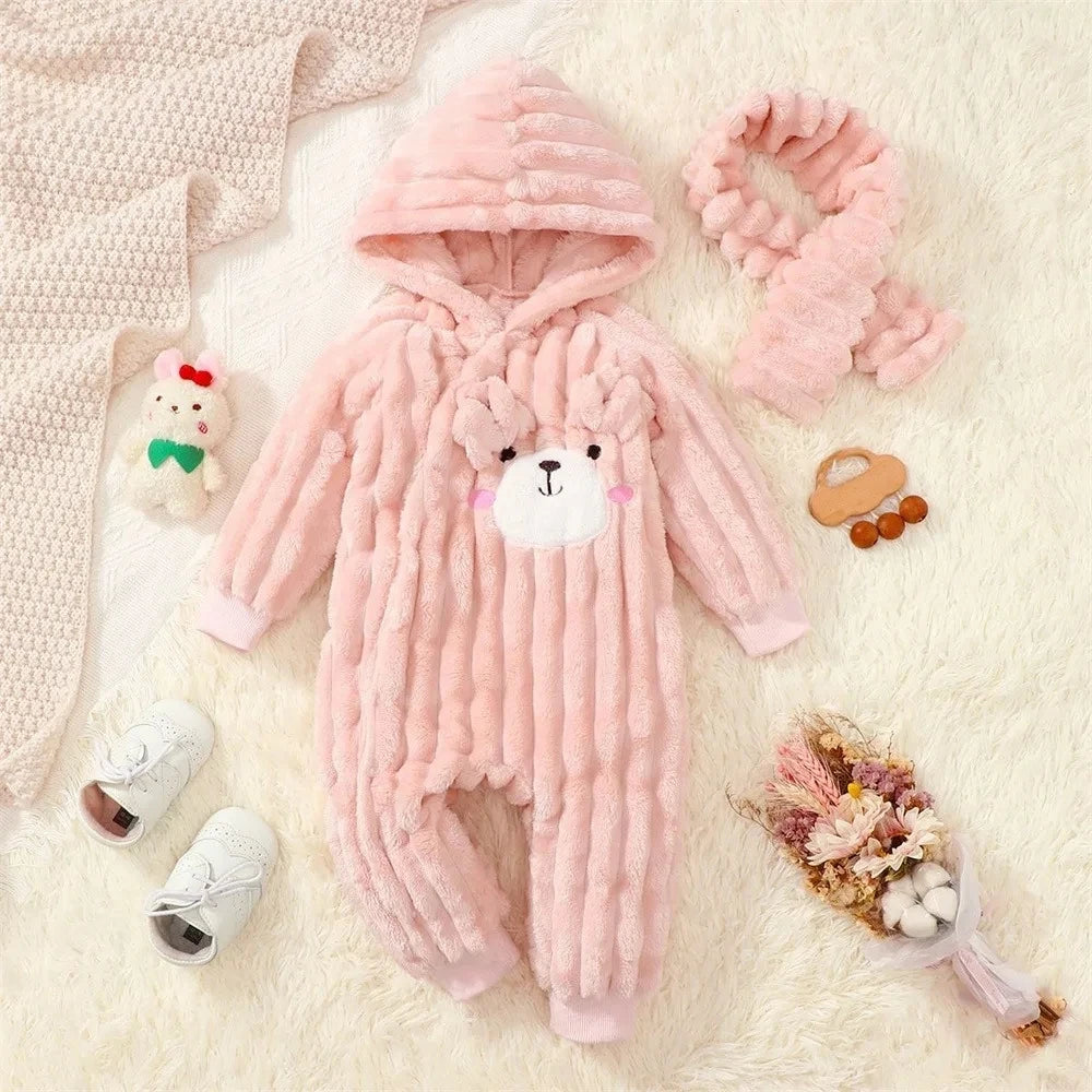 Baby girl Jumpsuit Cute Cartoon  Plush Hooded Winter keep Warm Jumpsuit+Scarf 2pcs 0-24 Months Newborn Cold Resistant Clothing