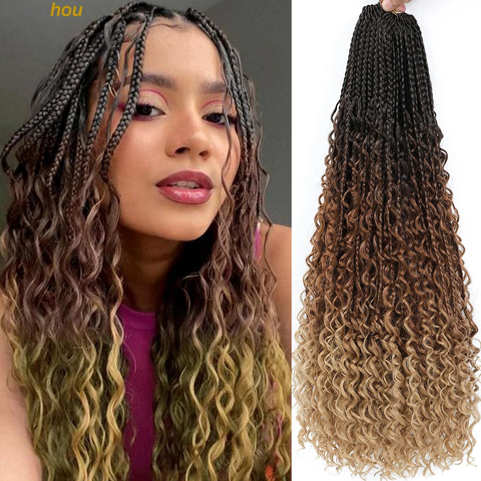 14 18 24 Inch Boho Box Braids Crochet Braids Curly Ends 1B 30 27 #4 Bug 8 Colors Ombre Goddess Bohemian Box Braids Crochet Hair