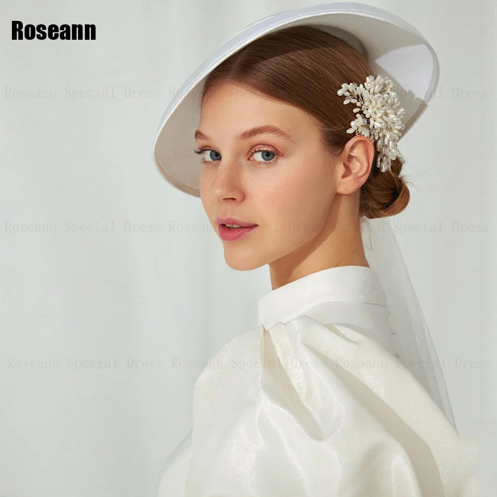Customized Muslim Exquisite A-line Wedding Dresses Button Puff Sleeve High Collar Satin Bride Gown Floor Length robe de mariée