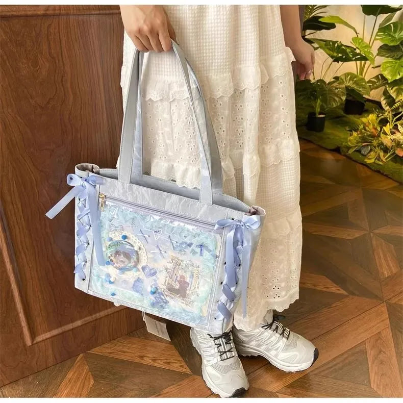 New Y2K Ribbon Bow Japanese Ita Shoulder Bag Cute Girl Transparent Pocket Large Capacity Crossbody Tote Bag DIY Display Handbags