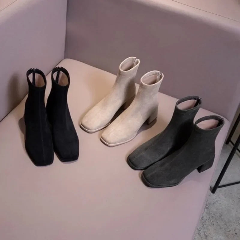 2023 Autumn/Winter New Square Headed Suede Short Boots Women's Boot with Thick Heels and Mid Heel Single Boots