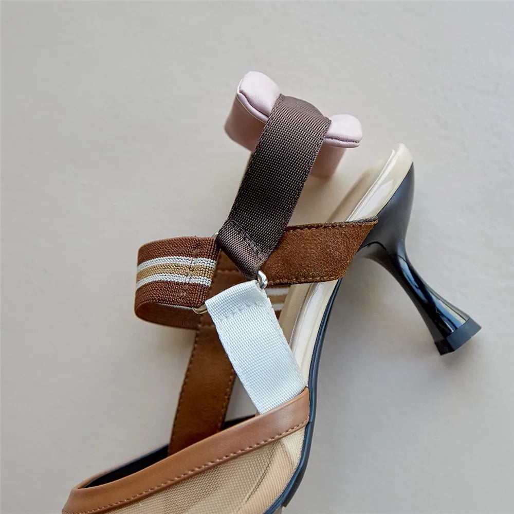 Aucegi Pointy Toe Thin High Heel Slingback Sandals Women Brand Design Elegant Genuine Leather Splicing Mesh Party Dress Shoes