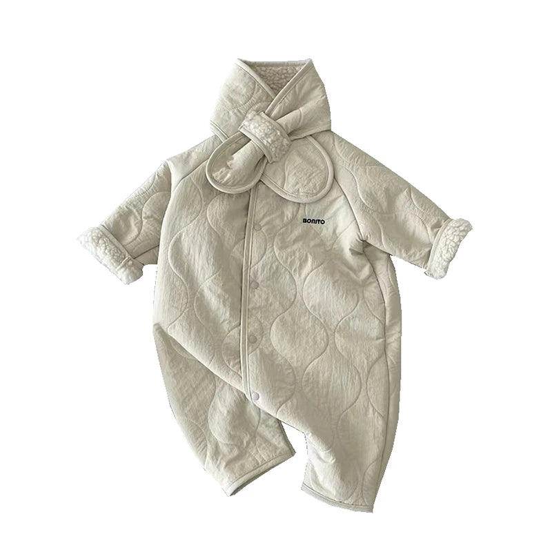 Korean Baby Jumpsuit Scarf Set Autumn Winter Lamb Wool Romper for Boys Girls Toddler Infant Clothes Loose Newborn Onesie 2Pcs