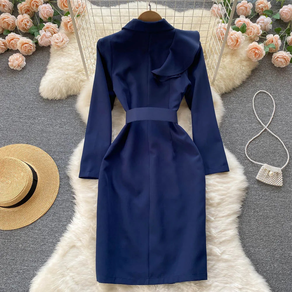 Women Elegant Office Dress Spring Autumn Long Sleeve Fashion Slim with Belt Midi Dresses Vintage Ladies Blazer Dress Vestidos