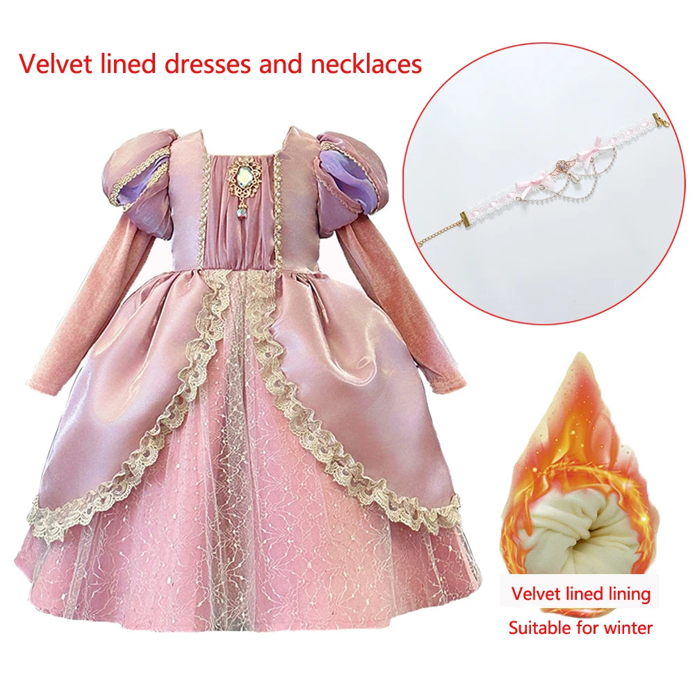 Kids Pink Aurora Princess Lolita Dress Halloween Costume Girl Sleeping Beauty Princess Cosplay Birthday Party Dresses for 2-12Y
