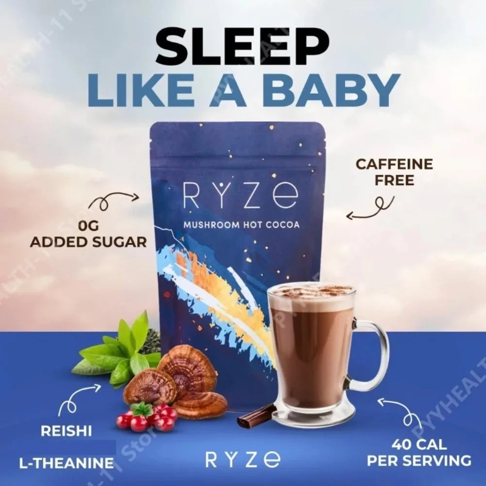 Mushroom Hot Cocoa Powder Sleep Support, Reishi L-Theanine Glycine Zinc Blend, Vegan Nighttime Relaxation Drink Mix, 20 Servings