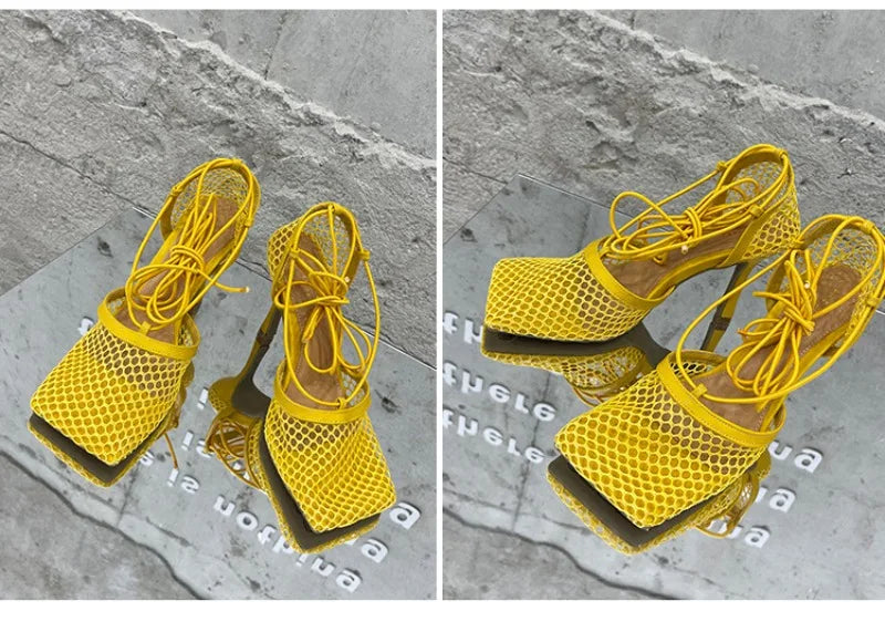 New Women's Shoes Fashion Air Mesh High Heeled Sandals for Woman Exquisite Square Head Casual Shoes Designer Shoes Zapatos Mujer