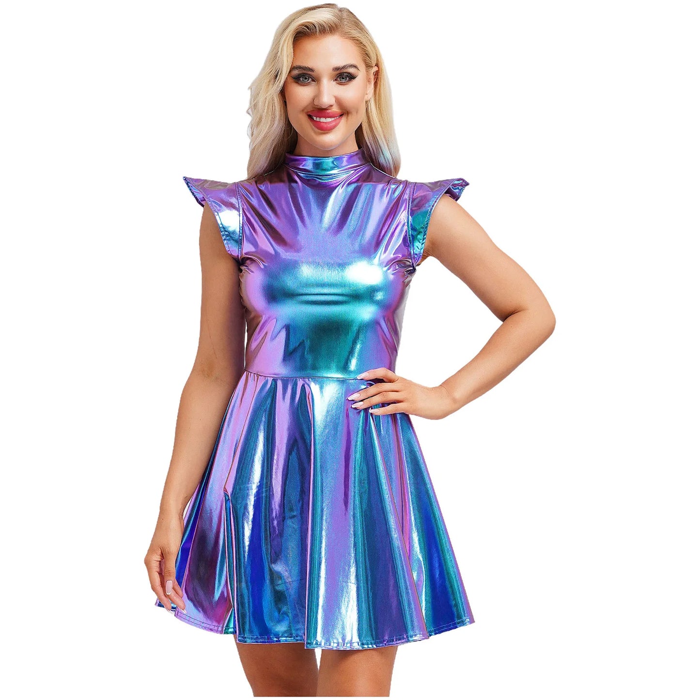 Womens High Waist A-line Dress Shiny Metallic Mock Neck Cap Sleeve Dress Modern Pole Dance Rave Party Bar Club Wear Street Wear