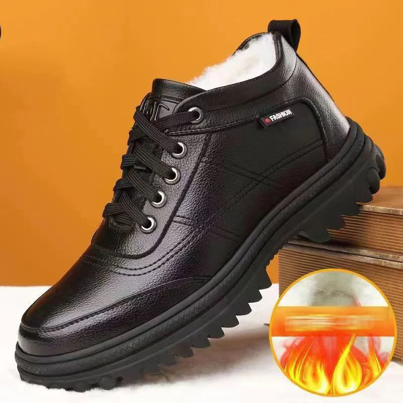Men's Winter Thickened Warmth Casual Shoes Fleece Lined Business Style Leather Shoes Low Top Lace up Comfortable Alligator Pa...