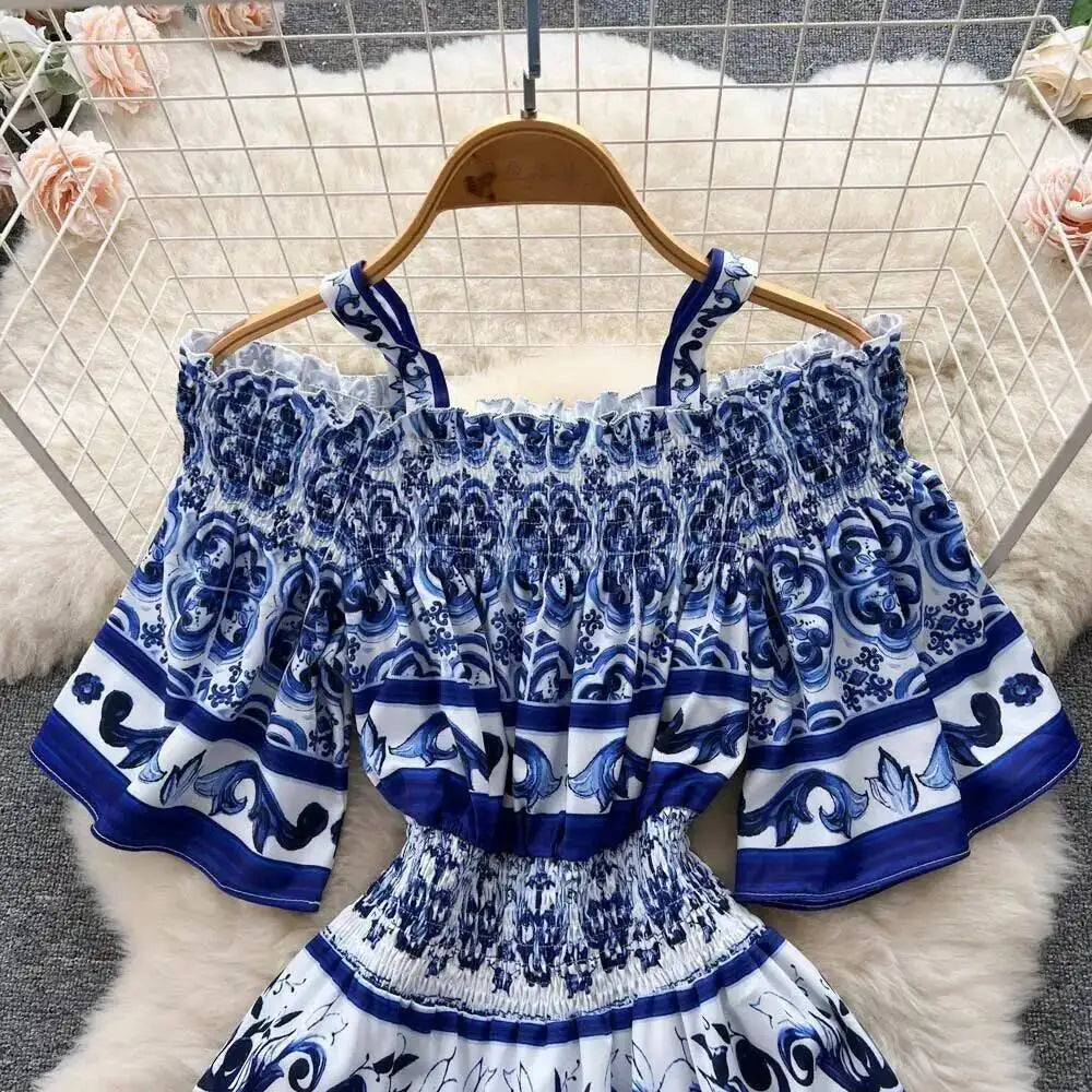 JAMERARY Summer Runway Blue White Porcelain Print Midi Dress Women's Straps Flare Sleeve Elastic Waist Cotton Floral Vestidos