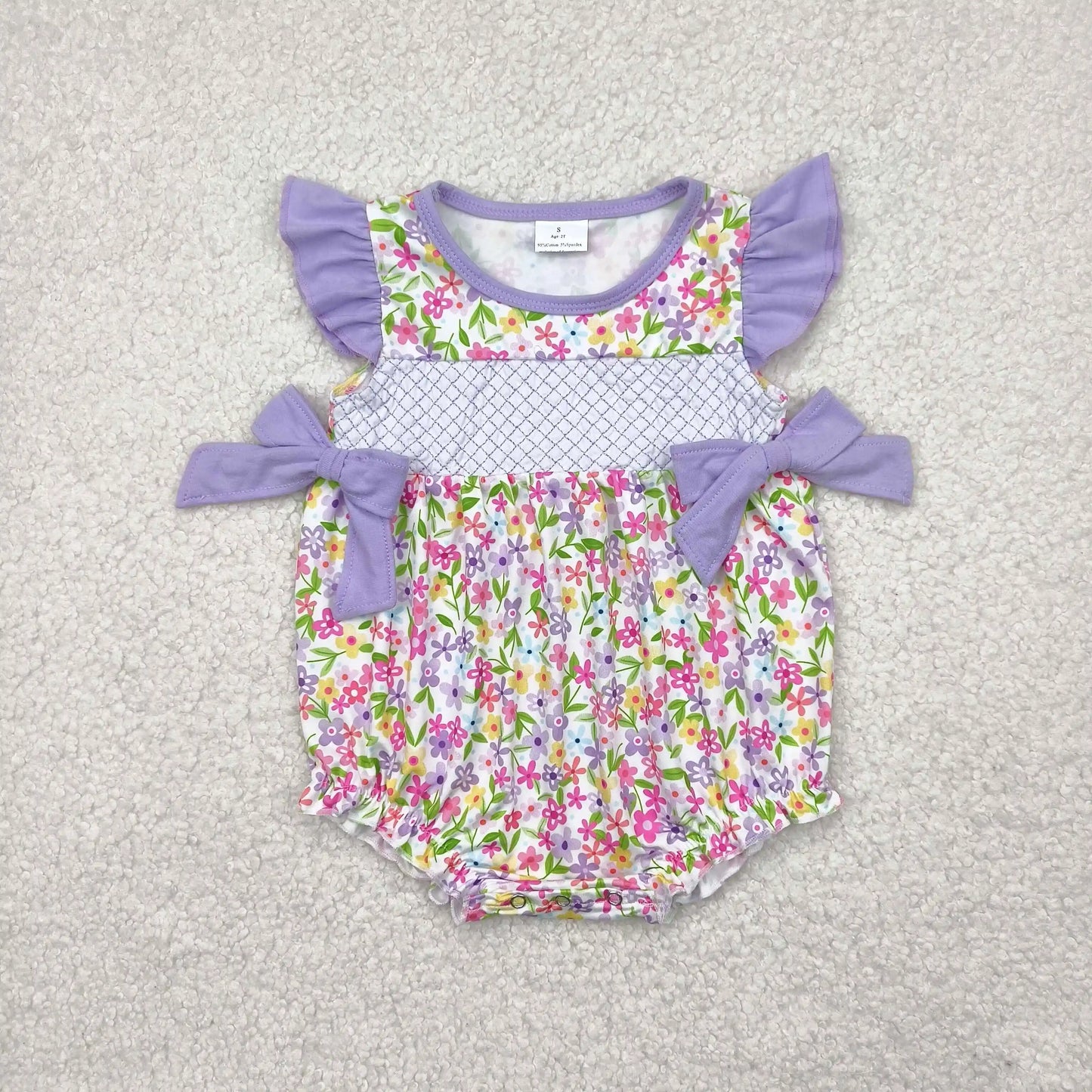 4.14y NEW stock baby girls summer romper wholesale boutique embroidery pattern floral flowers purple flying sleeves onesie