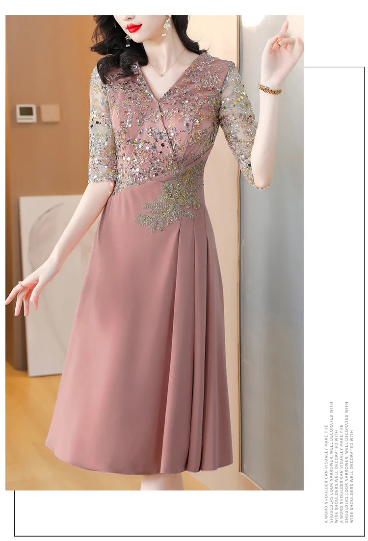 Summer New Sequins Luxury Chic Evening Wedding Dress 2024 Women's Elegant Bodycon Midi Dress Satin Vintage Casual Party Vestidos