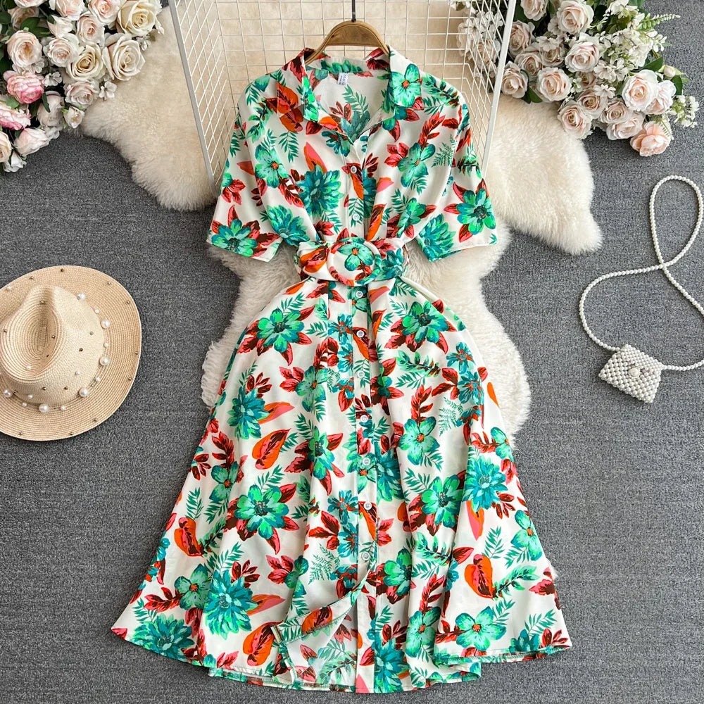 2024 New Summer Women Dress Fashion Print Floral A-line Shirt Dress with Belt Elegant Vintage Off Lady Dress Casual Vestidos