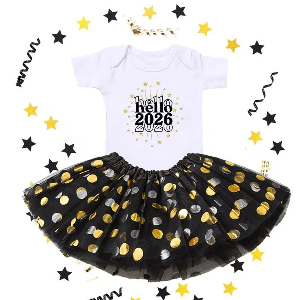 Hello 2026 Print 2 Piece Baby Girls Bodysuit Dress Set New Year Girl Short Sleeve Romper + Tutu Skirt Infant Dresses Set Outfit