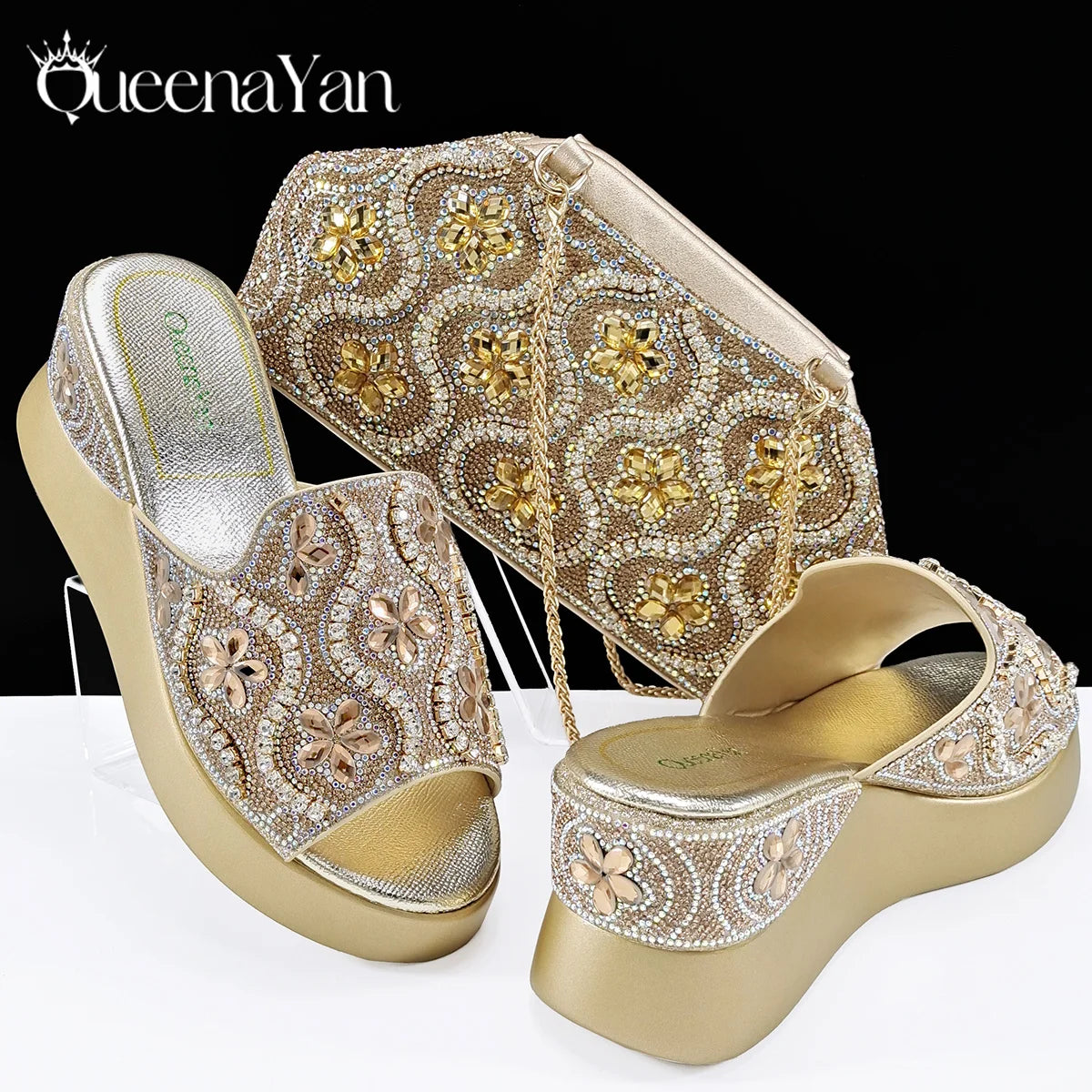 Queena Yan Popularity Open Toe Luxury Fashion Women High Heels Shoes and Bags Set With Rhinestone for  Wedding Party Elegant