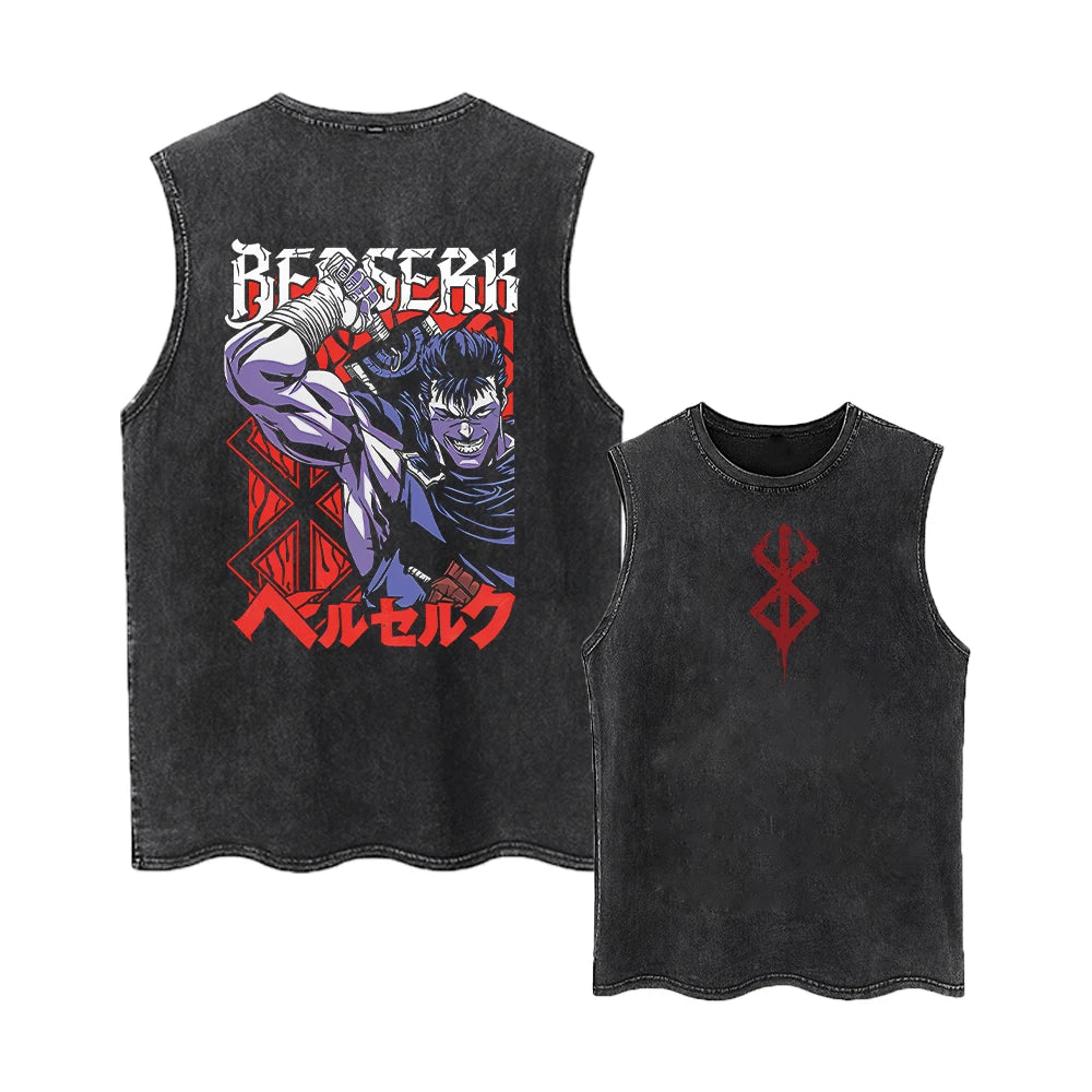 Berserk Logo Graphic Tank Top Manga Print Vest Men Women Sleeveless Shirt Vintage Washed Oversized 100% Cotton Gym Clothing