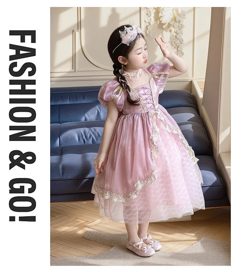 Kids Pink Aurora Princess Lolita Dress Halloween Costume Girl Sleeping Beauty Princess Cosplay Birthday Party Dresses for 2-12Y