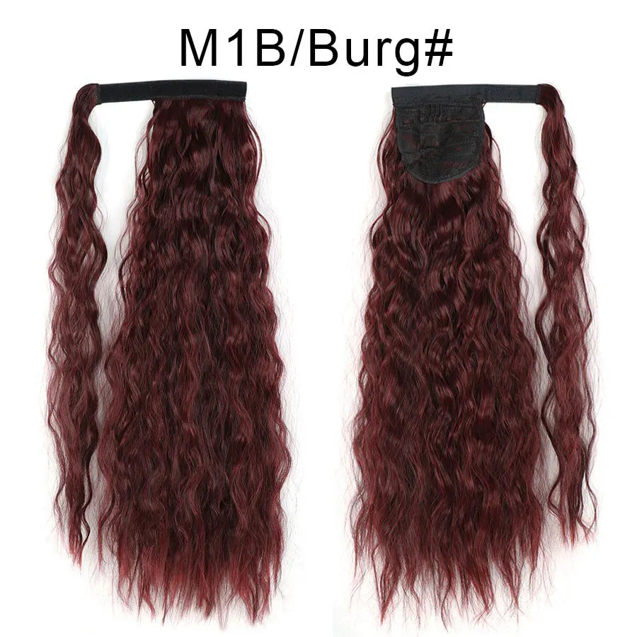 Synthetic Long Corn Wave Ponytail Extension Magic Paste Heat Resistant Wavy Wrap Around Ponytail Black Hairpiece for Women