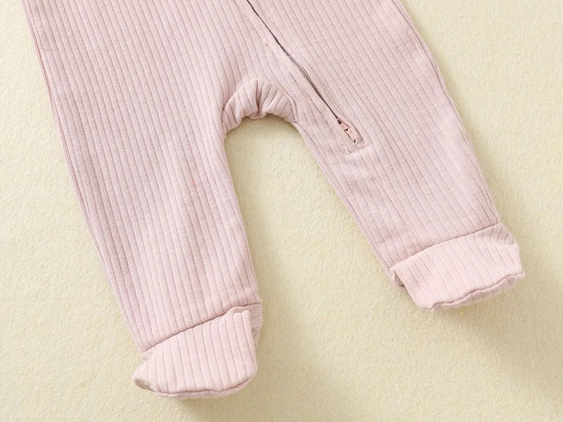 Autumn Zipper Baby Onesie Ribbed Knit Footed Romper Long Sleeve Solid Color Jumpsuit for 0-12M Newborn Infant Outfits