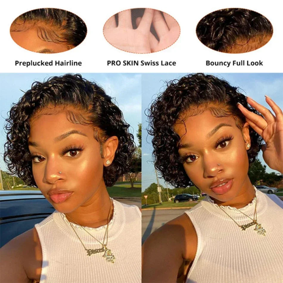 12A Side Part Pixie Cut Water Curly Wig Malaysia Hair Short Bob Hair Wig Virgin Hair 13x4 Lace Frontal Hair Wig Natural Color