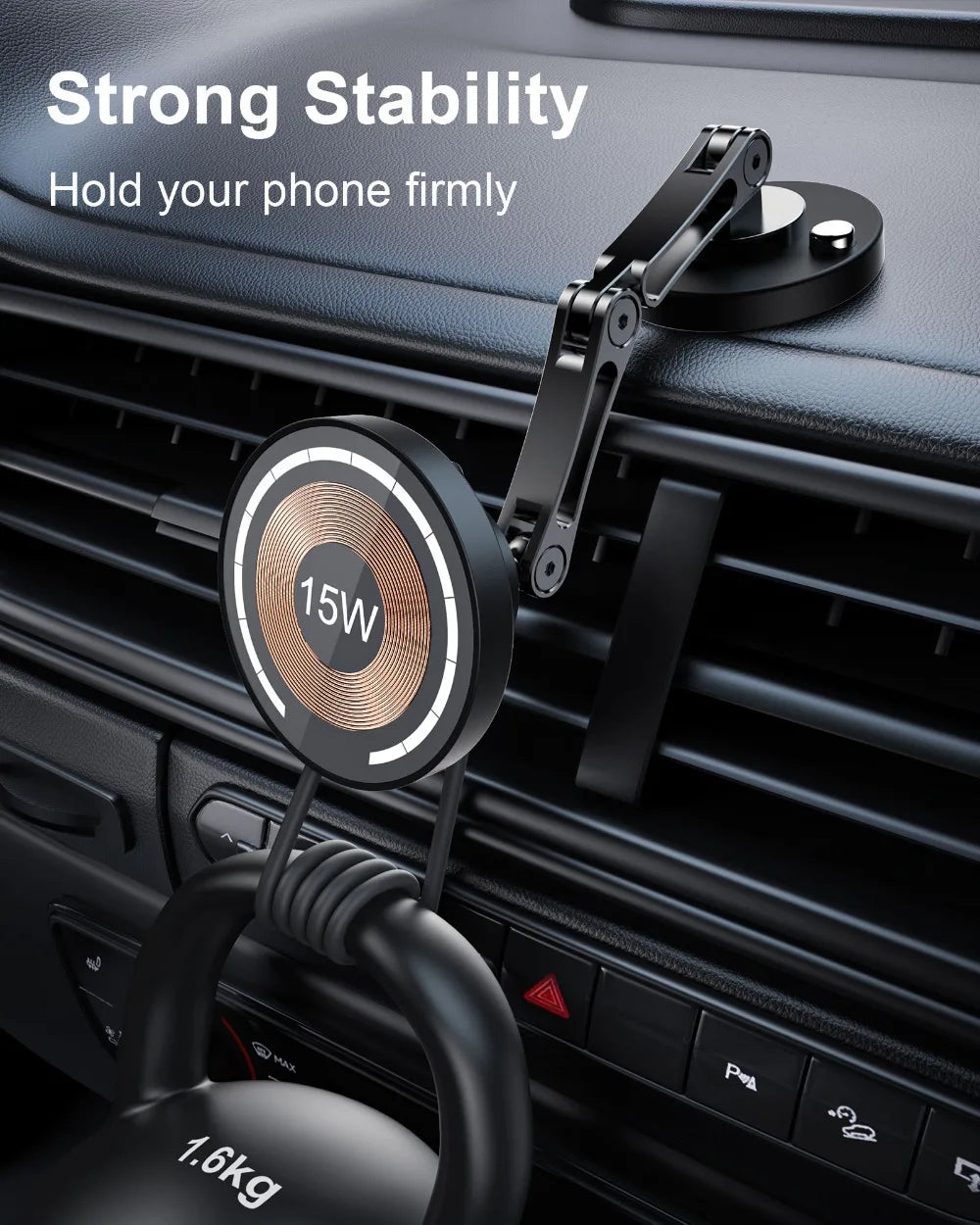 15W Magnetic Car Phone Holder Mount Wireless Charger Fast Charging Rotation Magnetic Car Phone Stand for IPhone 16 15 14 13 12