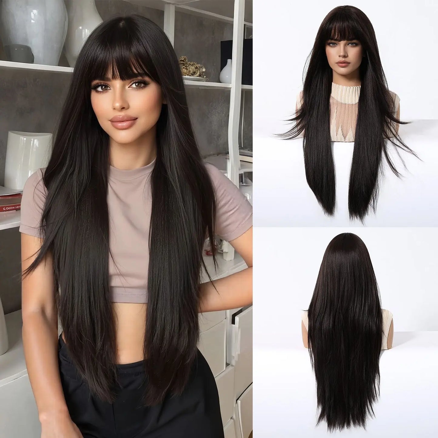 Burgundy Wine Red Ombre Layered Synthetic Wigs With Bangs Super Long Straight Wig For Women Cosplay Natural Daily Heat Resistant