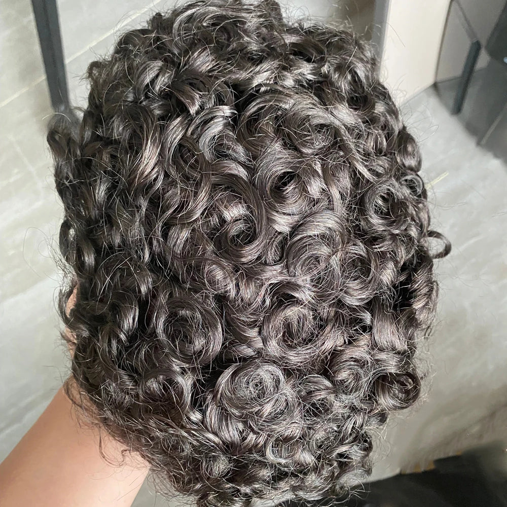 100% Human Hair Man 25mm Loose Curly Hair Replacement System Durable Skin Base Brown Gray Blonde #4 1B65 Prosthesis Hairpieces