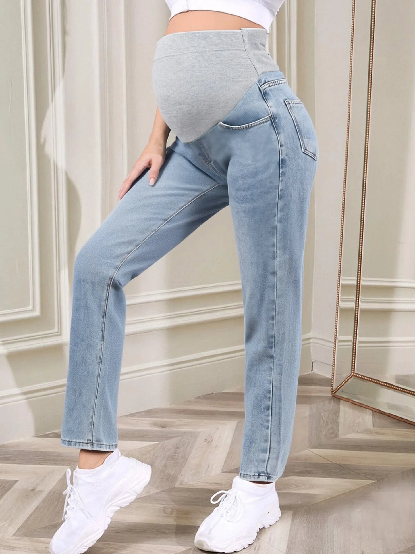 Pregnant Women Fashion Casual Wide-Leg Jeans Adjustable High Waist Belly Support Denim Pants Maternity Clothing for Daily Party