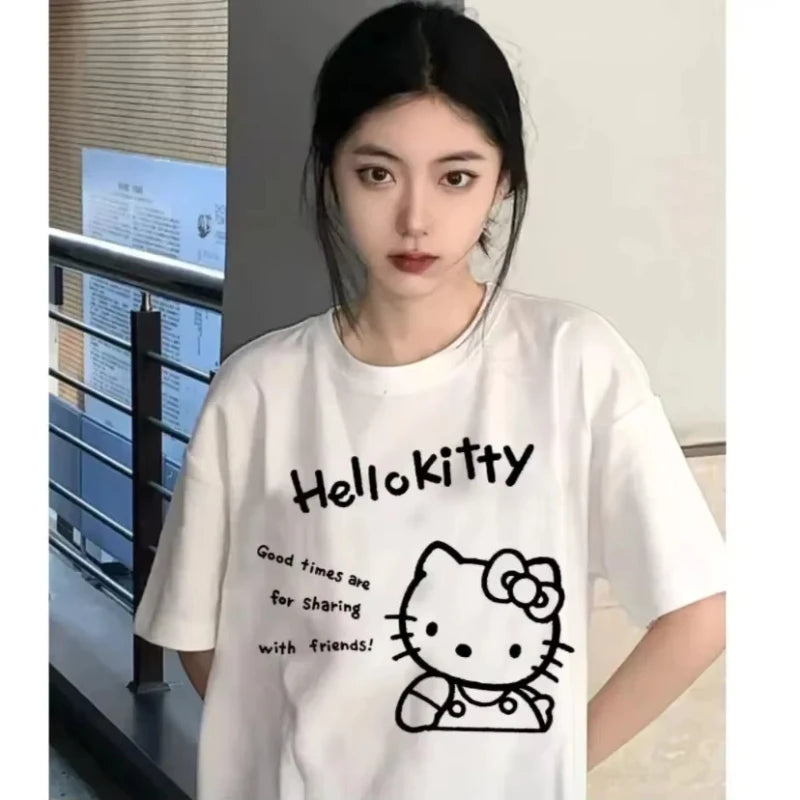 Kawaii Hello Kitty Children's Y2K Korean Cotton Tops Anime Kawaii Summer Loose Oversized Women's Couples Fashion Cotton T-shirt