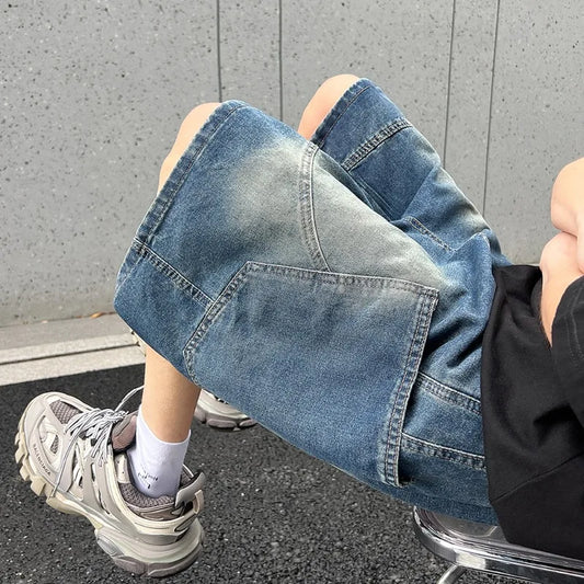 2026 Summer New Baggy Denim Shorts Fashion Casual Straight Harajuku Jeans Male Vintage Wash Drawstring Short Pants Streetwear