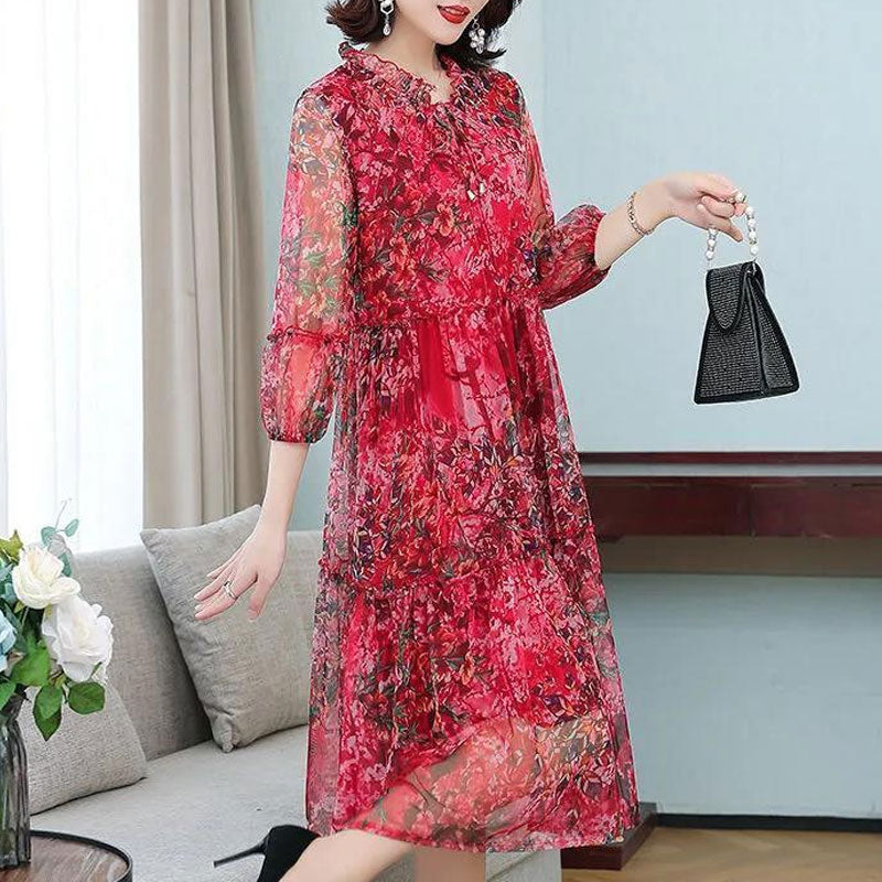 Summer New Casual Half Sleeve Midi Dress Vintage Printed Women's Clothing Ruffles Spliced Stylish Drawstring Loose Gauze Dresses