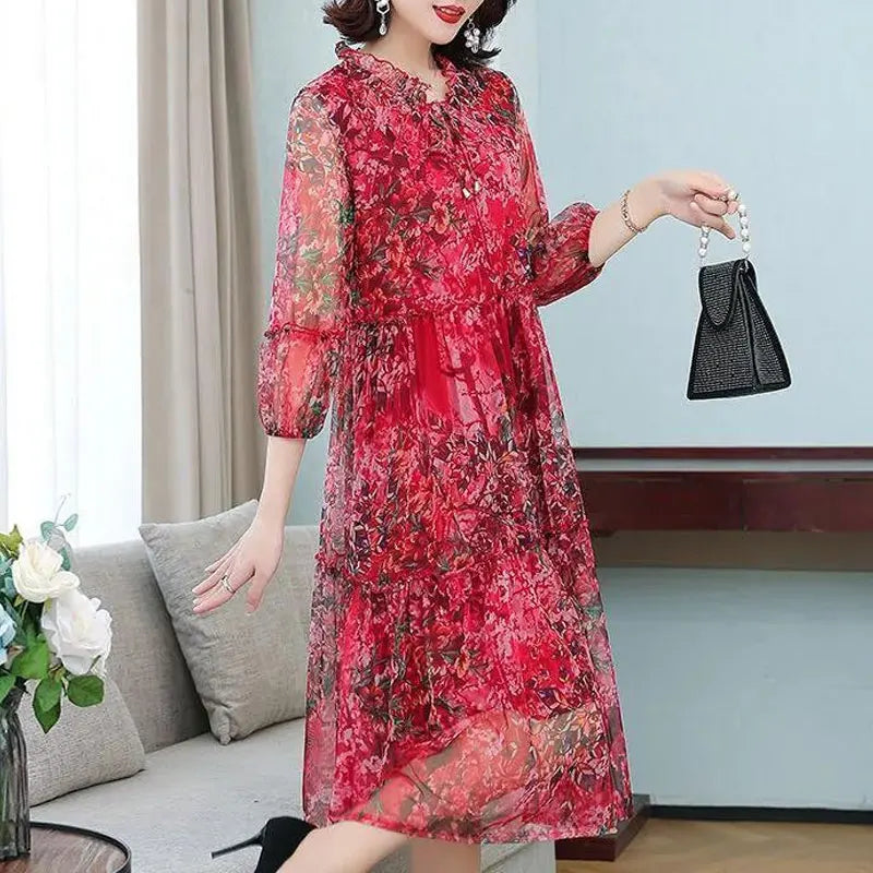 Summer New Casual Half Sleeve Midi Dress Vintage Printed Women's Clothing Ruffles Spliced Stylish Drawstring Loose Gauze Dresses