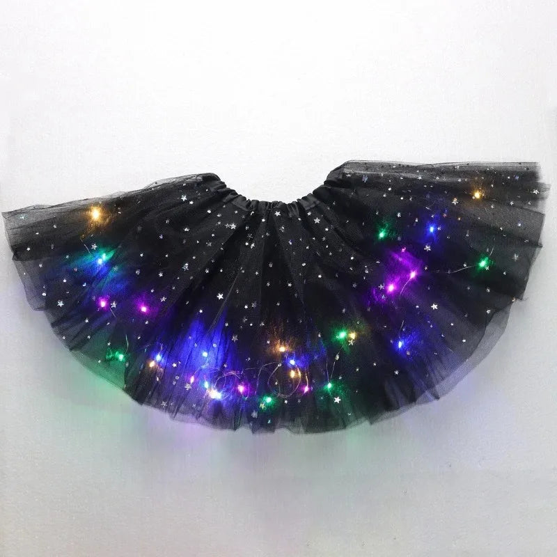 Children's Star Sequined LED Light-Up Tutu Skirt Halloween Carnival Party Girls' Glowing LED Skirt Half-Skirt Mesh Dress Costume