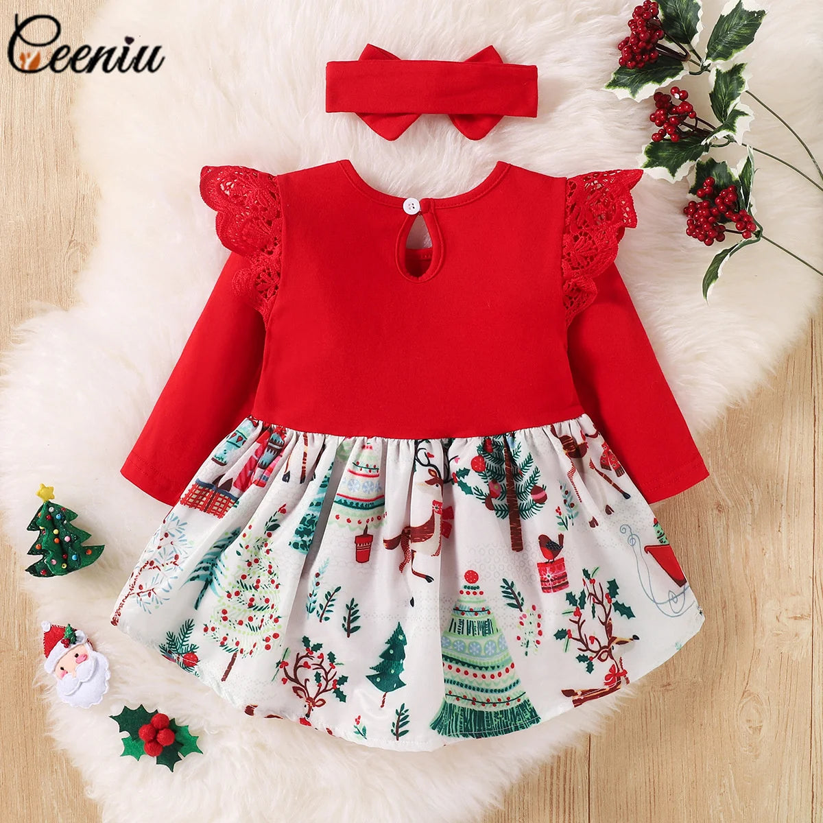 Ceeniu Baby Christmas Bodysuit Dress For Girls Green Santa Claus Letter Rompers Infants Onesies My First New Year Costume Baby