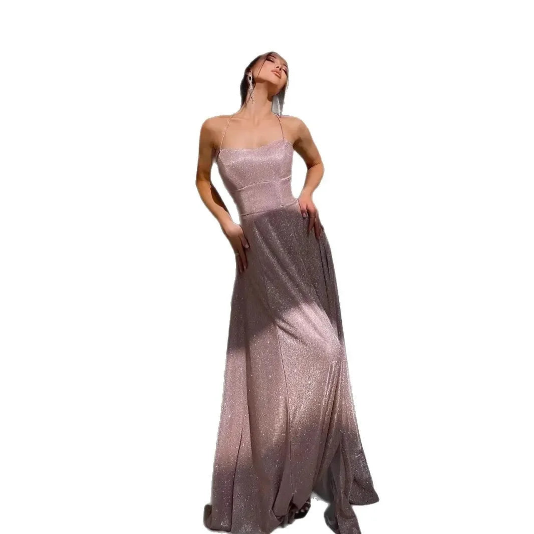 Female Evening Dress Dress 2025 Fashion New Spring And Autumn High Street Suspender Backless Sexy Split Flash Party Banquet