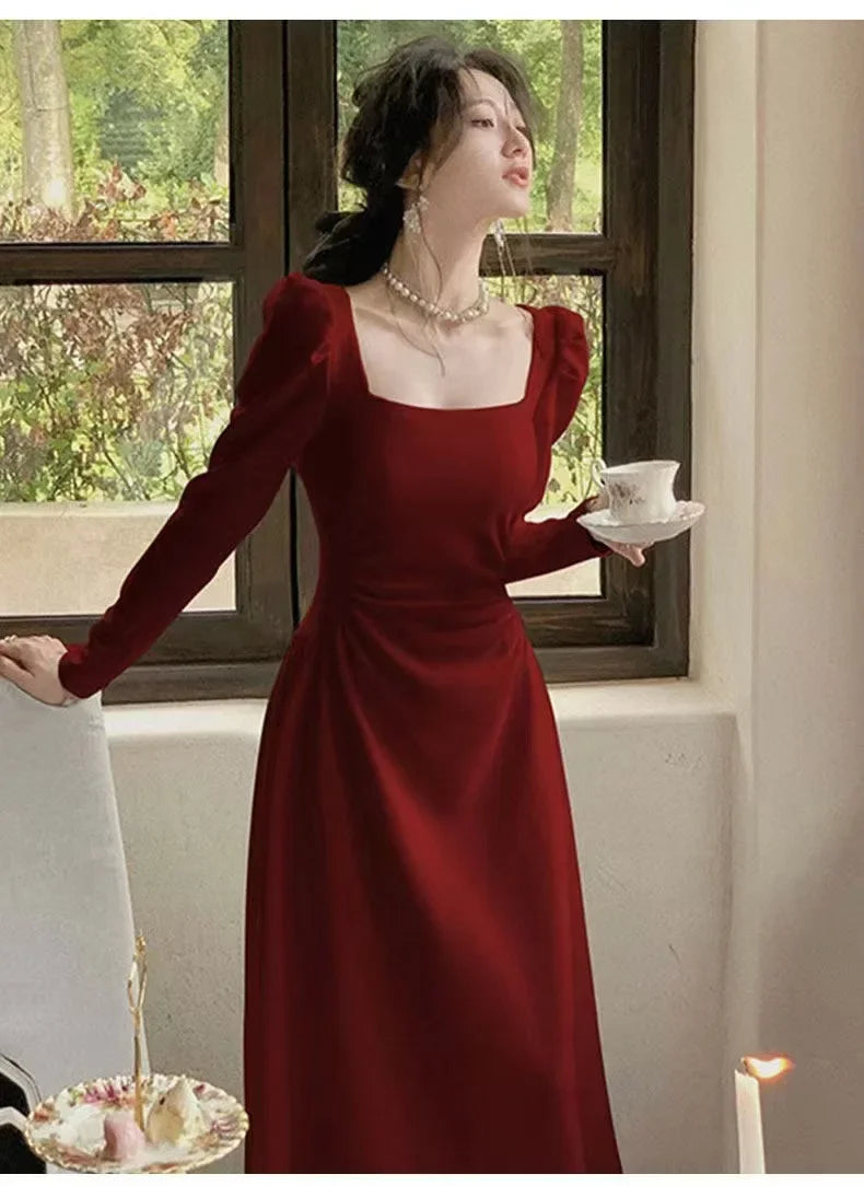 Red Long Sleeve Dress Wedding Dress Spring Autumn French Style Engagement Party Drinking Ceremony Bridal Gown Everyday Wear