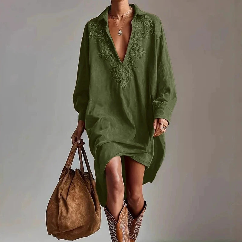 Spring Women Lapel V Neck Party Dress, Holiday Long Sleeve Retro Patchwork Midi Dress, 2026 Elegant Emboidered Ladies Dresses