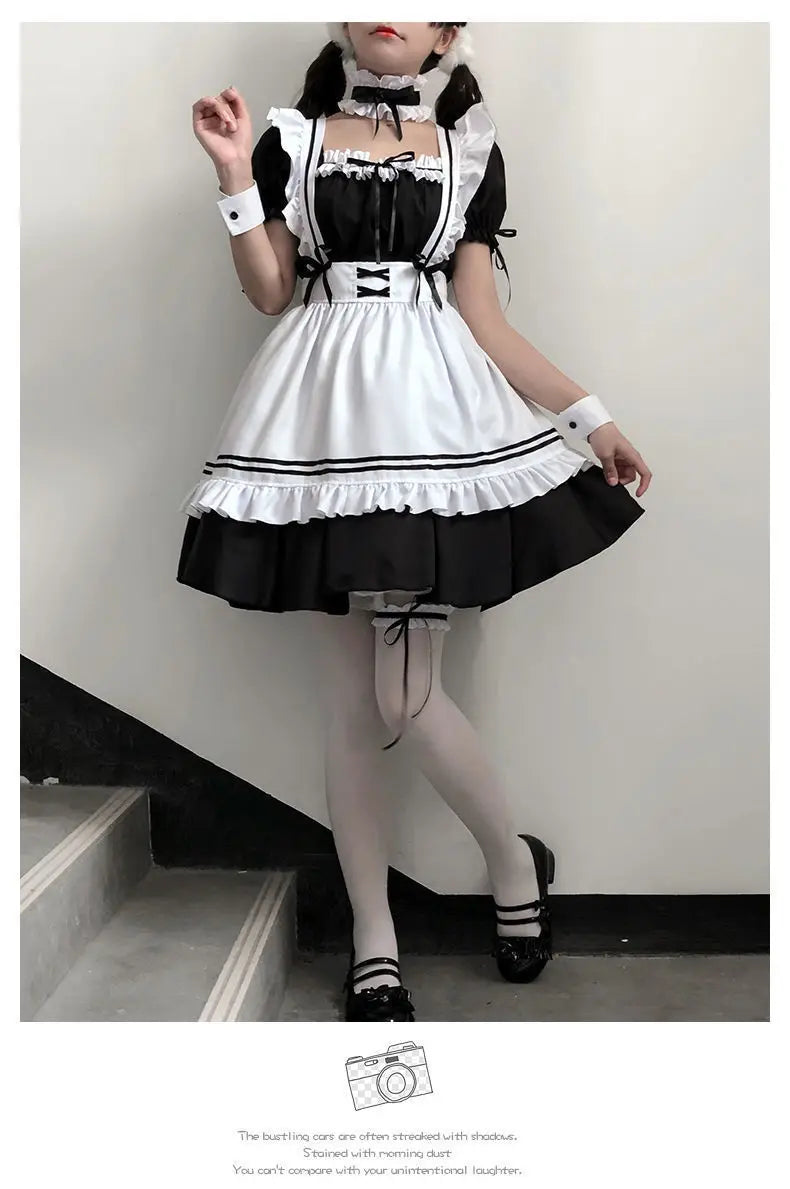 Halloween Maid Set Waiter's Cute Dress Men's Women's Costume Big Character Black and White Style Plus Size Short Sleeved Dress