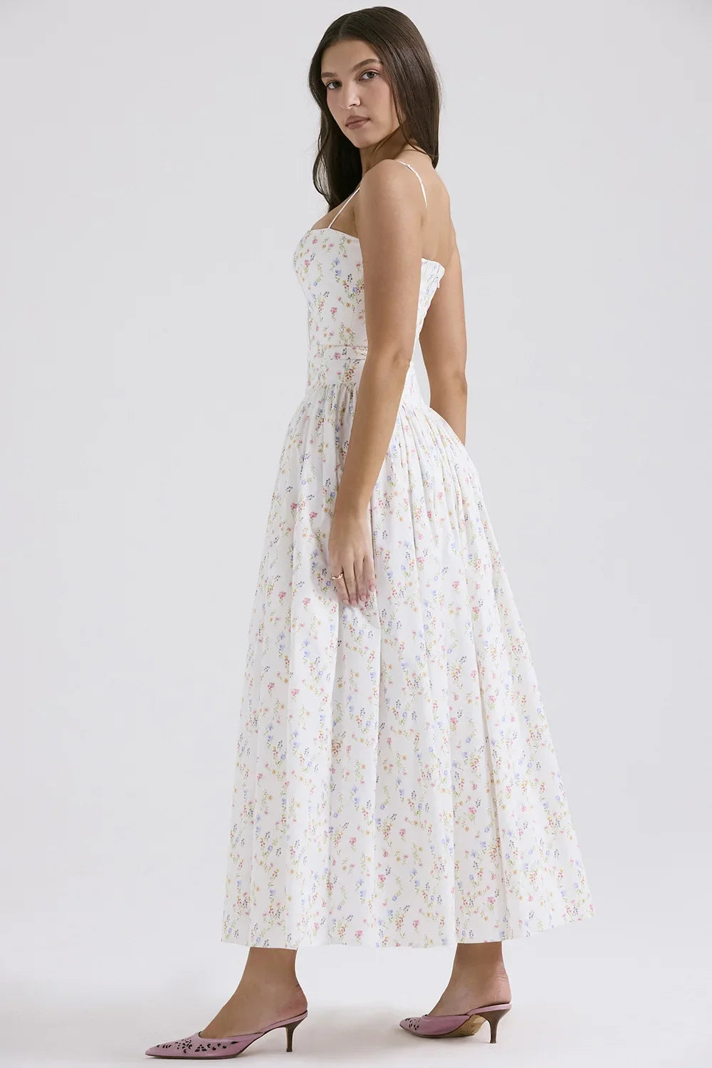 Elegant Fairylike French Style Gentle Floral Print Strapless Midi Dress Slimming Women's Fashion High End Feeling Dress