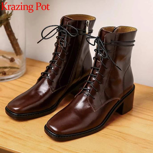 Krazing Pot 2025 Hot Sale Genuine Leather Square Toe Chelsea Boots High Heels Winter Season Lace Up Superstar Ins Ankle Boots