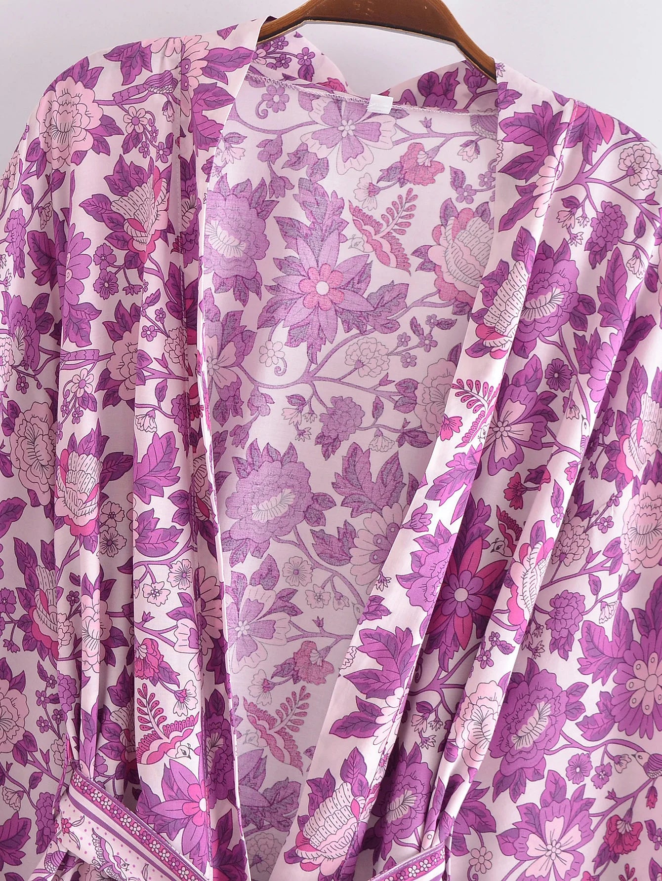 BOHO Women Blue With Pink Flower Print Kimono Shirt Holiday Tide Bow Sashes Mid Long Cardigan Summer Blouse Beach Cape