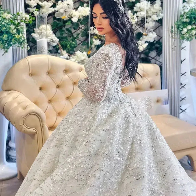 Gwn&Gce 2026 Lace Sequins Customized Beaded Wedding Dresses Ball Gown V Neck Full sleeve Bridal Dress Lace Up Vestidos De Novia