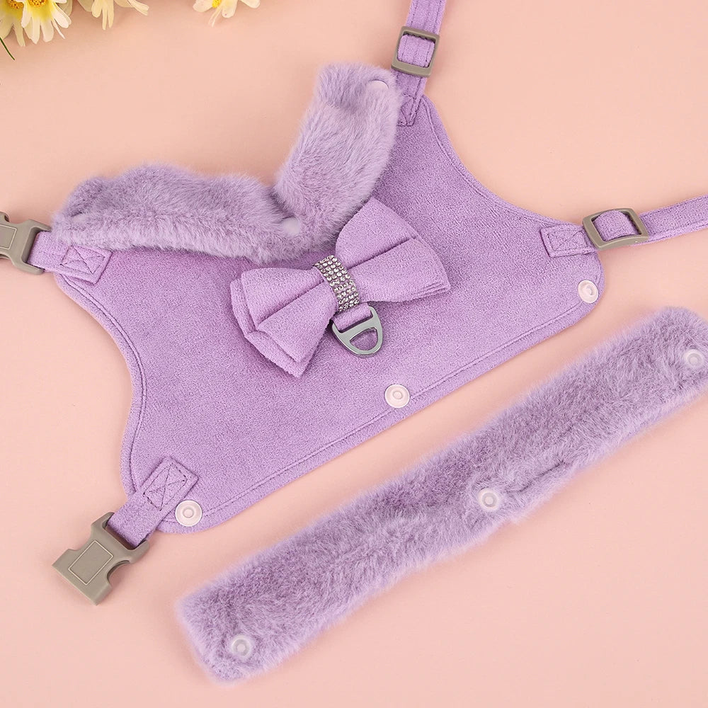 Soft Warm Dog Vest Harness and Leash Set Cute Bowknot Pet Winter Clothes Vest Warm Fur Small Dog Clothing French Bulldog Pink