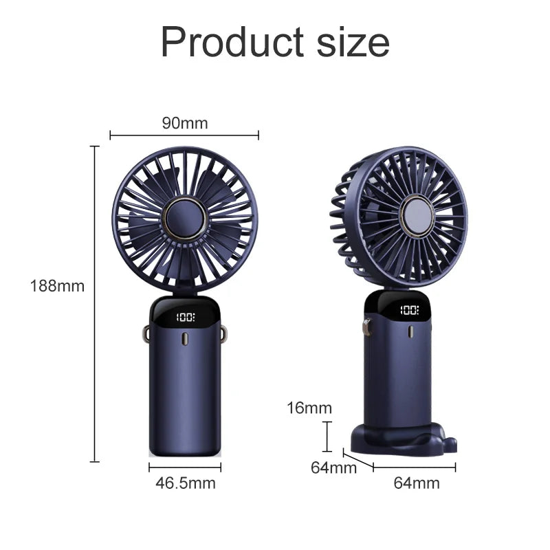 Handheld Mini Electric Fan Foldable Portable Neck Hanging Fans 5 Speed USB Rechargeable Fan With LED Display Screen Phone Stand