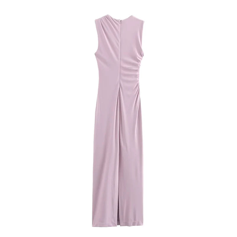 Autumn O-Neck Sleeveless Mesh Pleated Midi Dress Women Back Zipper Decoration Slim Vest Dress Female Sexy Elegant Wear 2025 New