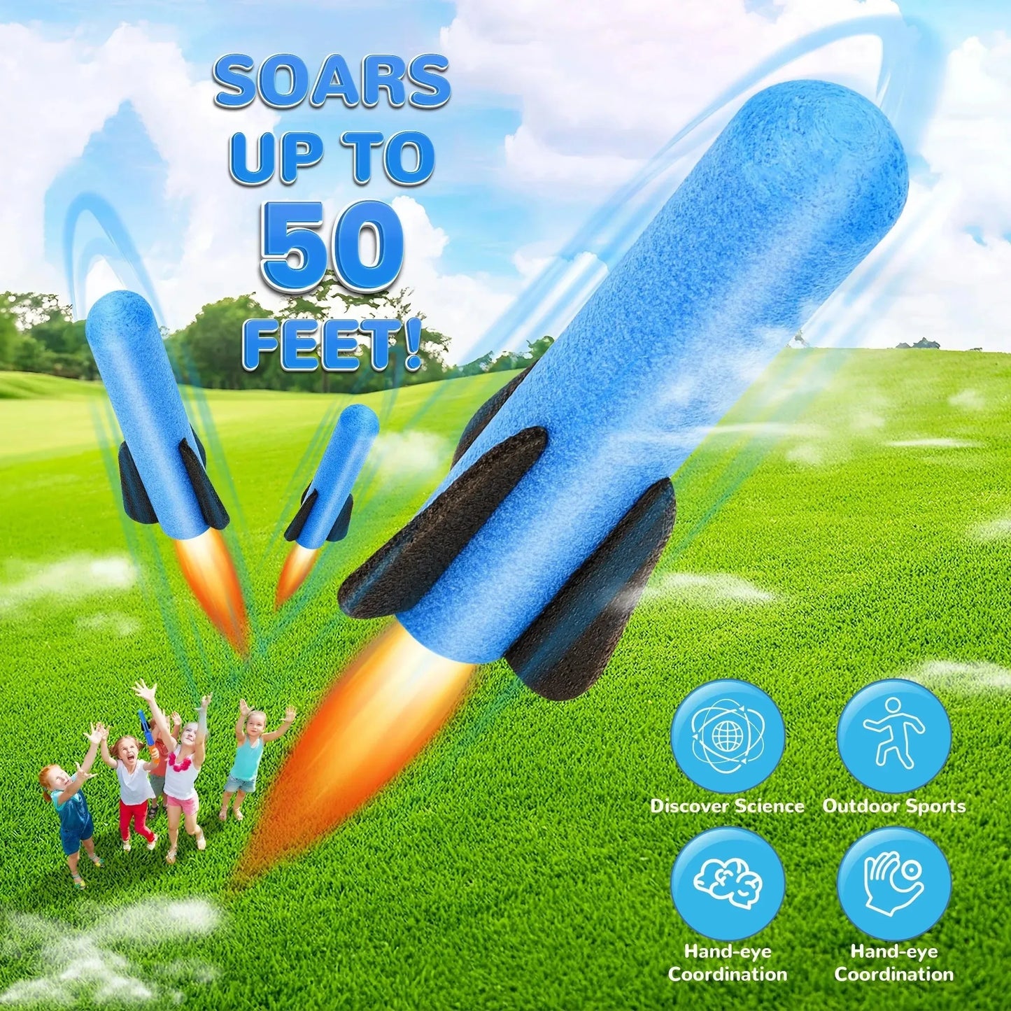 Hand Push Rocket Launcher Toy Set Foam Rockets Outdoor Garden Party Game Birthday Present Summer Funny Playing Toys