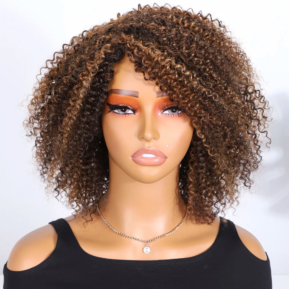 Lekker Highlight Brown Kinky Curly Bob 100% Human Hair Wigs For Women Brazilian Remy Hair Full Machine Made Clearance Curly Wigs