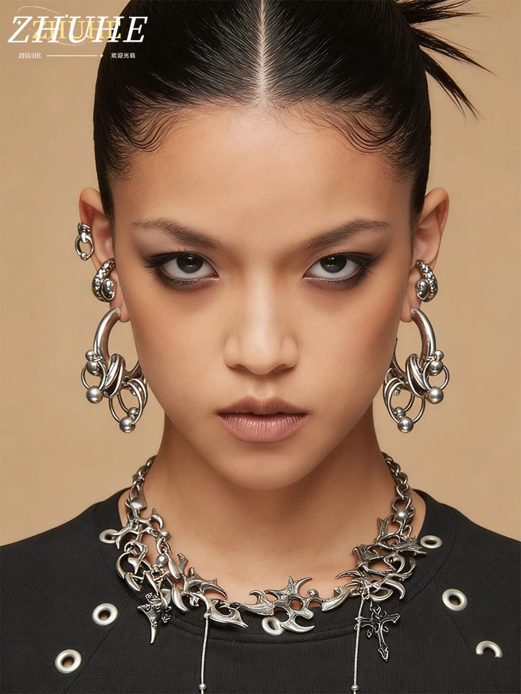 Unique Copper Jewelry Accessories for Men & Women: Avant-Garde Cluster Hoop Earrings, Distinctive Mixed-Metal Shape Body Jewelry